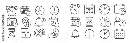 Icons representing time management, schedules, alerts, and deadlines in a clean, modern design suitable for various applications