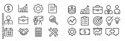 Financial analysis and business growth icons representing various aspects of corporate strategy and planning