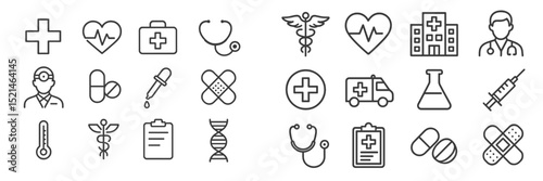 Medical symbols and icons representing healthcare concepts arranged in a grid format for educational or informational use
