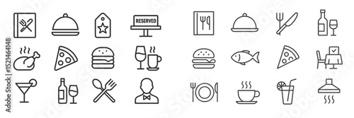 Collection of minimalistic restaurant icons depicting food, drinks, and dining elements for graphic design projects