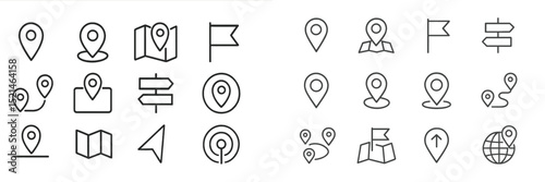 Collection of location icons including maps, markers, and navigation symbols for use in digital applications