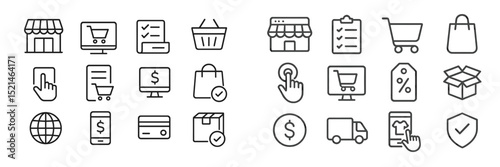 Online shopping icons representing various activities related to e-commerce and retail transactions
