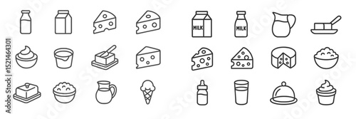 Collection of dairy products and dessert items illustrated in minimalist outline style