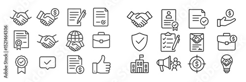 Icons representing business agreements, contracts, and financial transactions in a consistent design