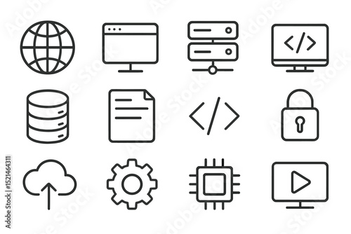 Collection of technology icons representing web, data, and security concepts, suitable for digital applications and projects