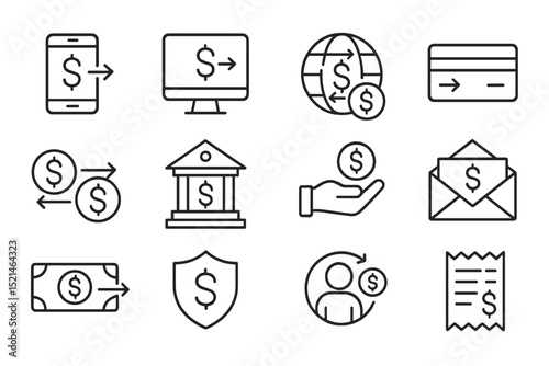Financial transactions represented through various digital symbols and icons showcasing money transfer methods and banking concepts