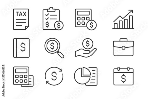 Financial management concepts illustrated with icons depicting tax, budgeting, and investment activities