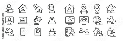 Icons representing various activities related to remote work and digital communication in a modern context