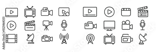 Collection of various media and broadcasting icons designed for digital projects and presentations