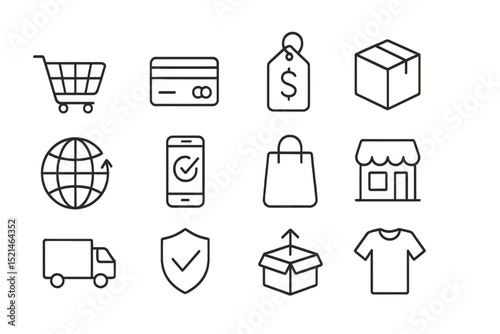 Icons representing online shopping, payment methods, global commerce, and delivery services displayed on a white background