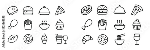 Variety of food icons showcasing popular dishes in minimalist line design for culinary enthusiasts