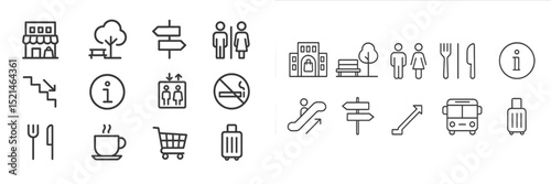 Pictograms representing various urban activities and amenities for visitors in a city environment