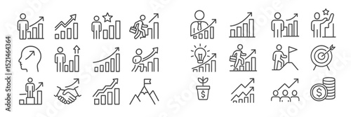 Collection of business growth and success icons illustrating various aspects of progress, teamwork, and achievements in an office setting
