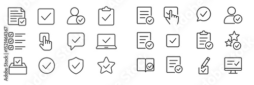 Icons representing various tasks, communication, and validation elements in a clean, minimalistic design for digital applications