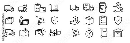 Logistics and transportation icons representing delivery, tracking, and inventory management in a minimalist design