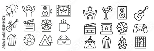Various icons representing entertainment, celebration, and outdoor activities featuring music, drinks, sports, and more
