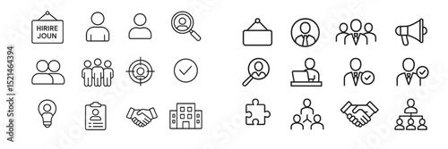 Diverse icons representing recruitment, teamwork, and business communication in a modern workplace setting