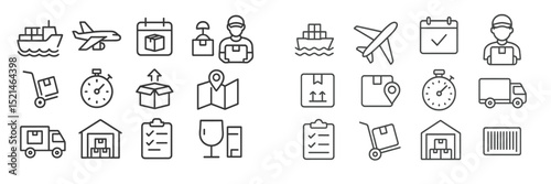 Logistics icons representing shipping, delivery, and inventory management in a modern distribution system
