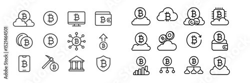 Various cryptocurrency icons depicting blockchain technology and digital finance concepts in a minimalistic design