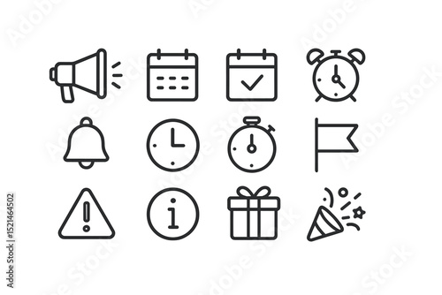 Visual collection of icons representing events, notifications, and time management in a modern design