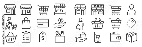 Icons representing shopping activities at a market with carts, bags, and transactions depicted in a simple design format