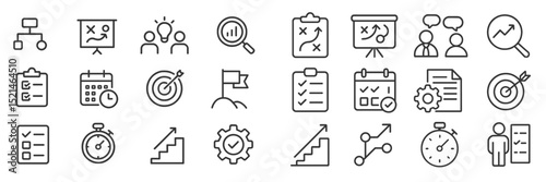 Icon collection representing business strategy, planning, and teamwork in a professional setting