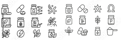 Collection of health and wellness supplement icons featuring various vitamins, herbal remedies, and nature-inspired designs