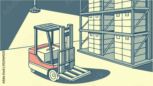 Illustration of a forklift in a warehouse with boxes on shelves and an overhead light fixture shining down
