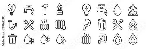 Collection of service icons representing plumbing, heating, and electrical themes for home maintenance