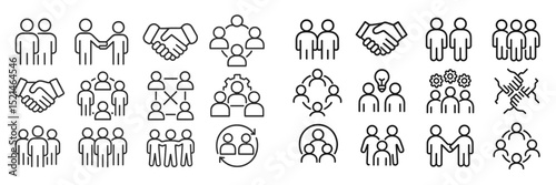 Collection of diverse icons depicting teamwork, collaboration, and communication among individuals in a modern design style