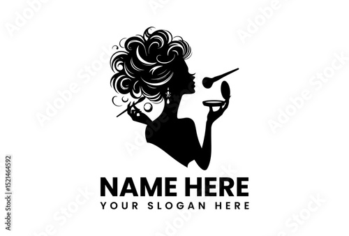Elegant silhouette vector logo of a woman applying makeup with a brush and compact. Beauty and fashion concept
