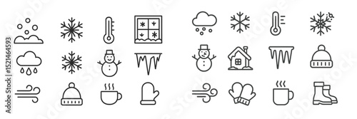 Winter weather symbols and icons for seasonal activities and preparations for cold months