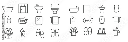 Collection of bathroom icons illustrating various sanitary and grooming items in a minimalist design style