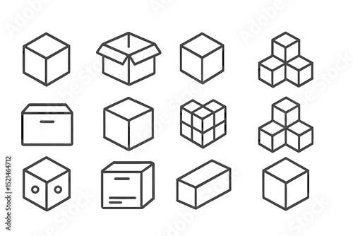 Different types of boxes and shapes arranged in a grid illustrating packaging concepts and designs in a minimalistic style