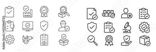 Collection of quality assurance icons representing various checks and inspections in a production environment