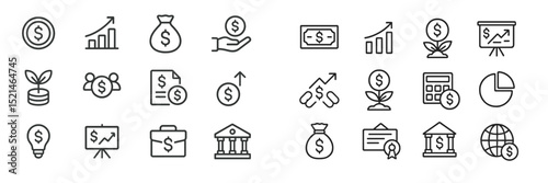 Financial growth symbols represented in various icons showcasing investment, savings, and economic progress
