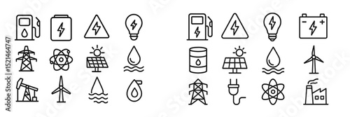 Variety of clean and traditional energy icons illustrating sources of power and sustainability