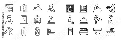 Hostel icons representing check-in, reception, rooms, and amenities for travelers and guests