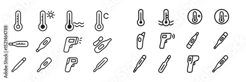 Various thermometer and temperature measuring tools displayed in a minimalist design, showcasing different types for various uses