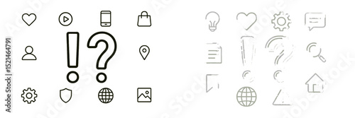 Symbols representing various concepts and activities in a modern digital context with a focus on communication and technology