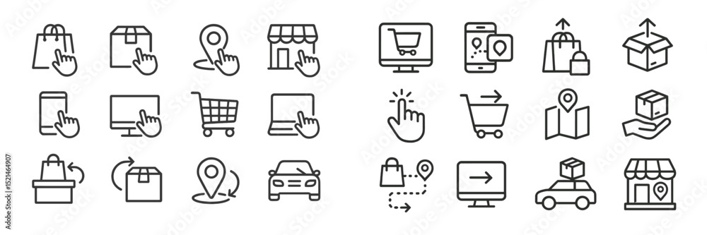Variety of shopping and delivery icons representing e-commerce and retail activities in urban settings