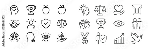 Collection of minimal line icons representing various concepts of achievement, balance, and personal growth