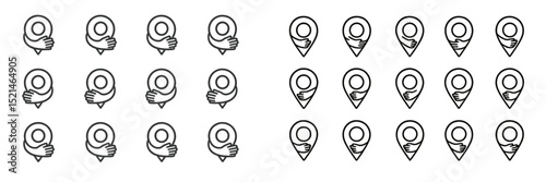 Various location pins with hand graphics displayed in a minimalist style, suitable for mapping and navigation concepts