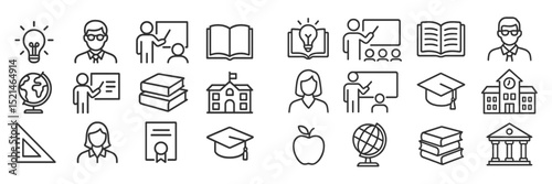 Education symbols representing learning, teaching, and knowledge sharing in various forms and subjects