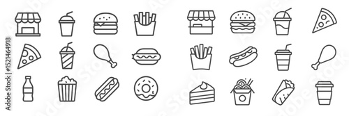 Variety of fast food icons including burgers, pizza, and drinks arranged in a colorful layout for digital design