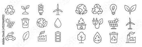 Icons representing sustainability and eco-friendly concepts featuring recycling, renewable energy, and nature