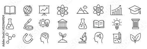 Educational symbols representing science, growth, and knowledge in a minimalistic design featuring various icons