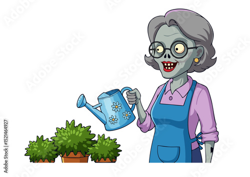 A whimsical illustration of a friendly zombie grandma tending her plants, showcasing a unique blend of horror and humor; perfect for Halloween, gothic, or quirky projects.