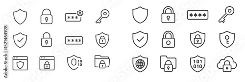 Collection of security icons representing encryption, protection, and online safety measures for digital environments and data