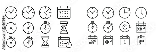Various clock and calendar icons illustrating different concepts of time and scheduling used in design and technology elements